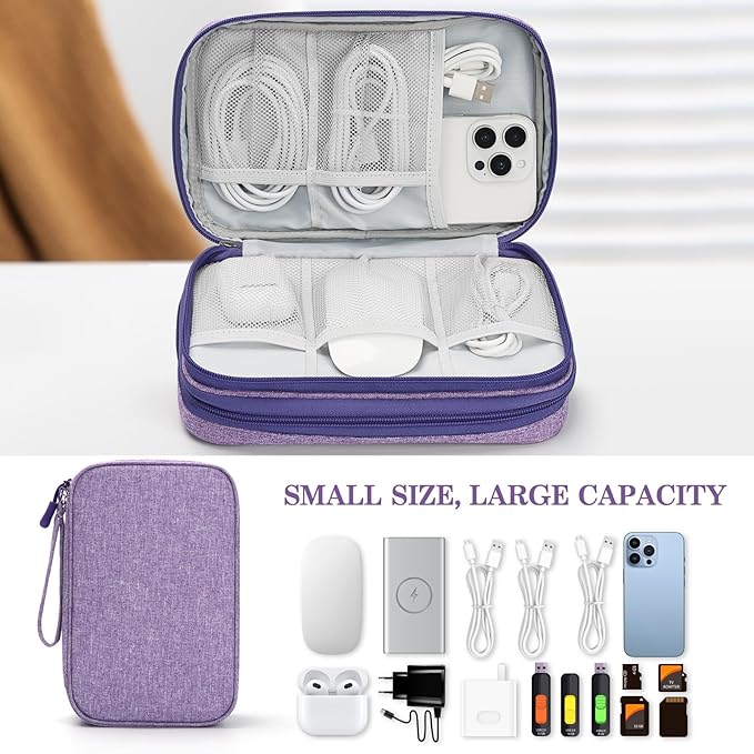 FYY Electronic Organizer, Large Travel Cable Organizer Bag Pouch Electronic Accessories Carry Case Portable Waterproof Double Layers All-in-One Storage Bag for Cable, Cord, Charger, Dark Purple