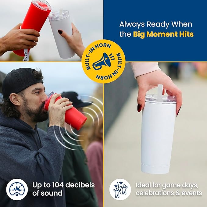The LoudCup Blow Horn Tumbler, Cheer & Sip 2-in-1 Reusable Water Bottle with Built-In Horn for Sports Games, Tailgates, Parties & Events, BPA-Free