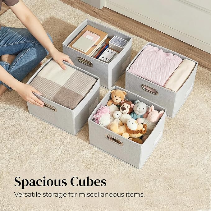 PRANDOM Storage Bins with Lids [3-Pack] Linen Fabric Foldable Storage Boxes Organizer Containers Baskets Cube with Cover for Bedroom Closet Office Beige (11.4"x8.6"x6.7")