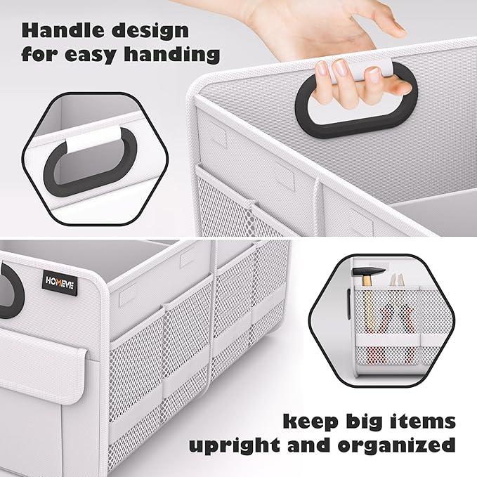 Homeve Trunk Organizer, Car Storage, Reinforced Handles, Collapsible Multi-Compartment Car Organizers, Foldable, Waterproof, 2 Compartments, Suitable for Car Accessories, SUV (White, Standard)