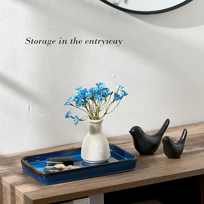 10"×6"×1" Bathroom Vanity Tray for Countertop- Ceramic Decorative Organizer Tray for Dresser Tops, Toilet, Perfume, Sponge Holder Soap Dish Dispenser for Kitchen Counter- Kiln-Transformed Blue