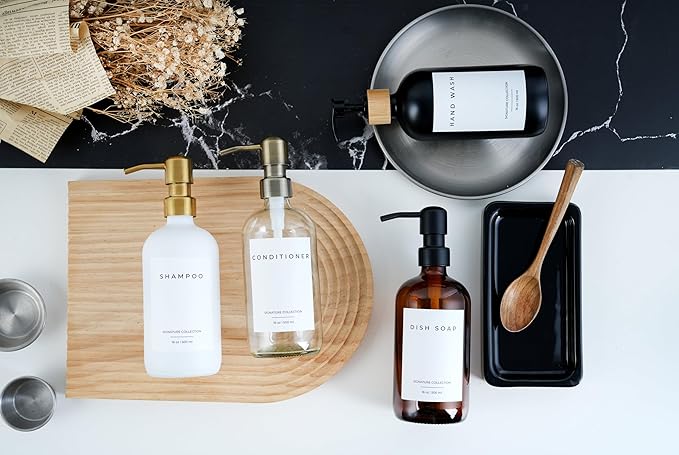 Emerson Essentials Soap Dispenser, Dish Bottle Dispenser for Kitchen, Farmhouse Hand Soap Dispenser, Kitchen Set, Glass Bottles with Pump and Labels | 16 Oz, 2-Pack