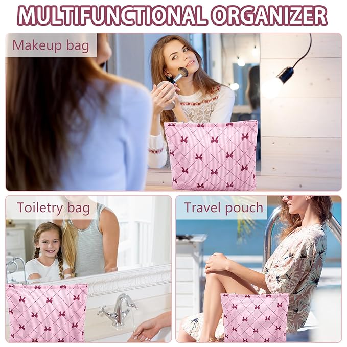 ZLFSRQ Corduroy Makeup Bag for Women Preppy Large Capacity Cosmetic Bags Travel Toiletry Organizer Pouch for Purse Zipper Makeup Brushes Storage Tote Bag Cute Y2K Aesthetic Essential Bags（Pink Bow）