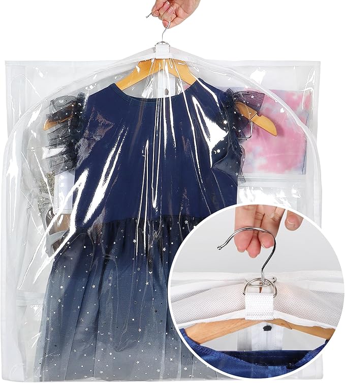 Univivi Clear PVC Dance Costume Bags, 50 Inch Garment Bag for Dance Competitions, with 3 Separated Medium Clear Zipper Pockets and 1 Large Back Zippered Pocket (White, 2 Pack)