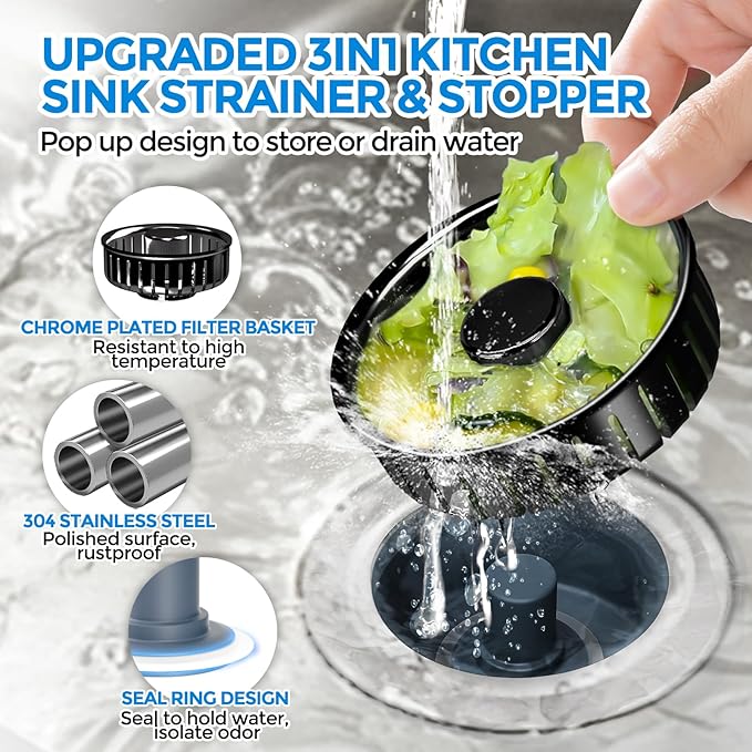 zaa Kitchen Sink Drain Strainer - Kitchen Sink Stopper, 304 Stainless Steel Sink Drain Stopper, Sink Protector for Kitchen with Anti-Clog Filter, Fit US Standard 3-1/2'' Sink Drain Hole, Black