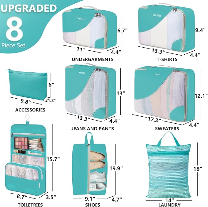 8 Set Packing Cubes for Travel, Gifts for Women & Moms, Anti-Tearing Suitcase Organizer, OlarHike Vacation Essentials & Accessories for Cruise Ships