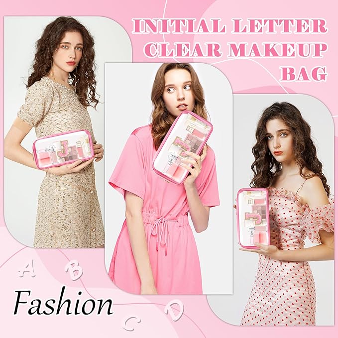 Personalized Initial Letter Clear Makeup Bag, Preppy Small Nylon & PVC Cosmetic Zipper Bag with Chenille Letter, Portable Beach Travel Skincare Toiletry Bag, Trendy Monogram Gift for Teen Girls Women, J