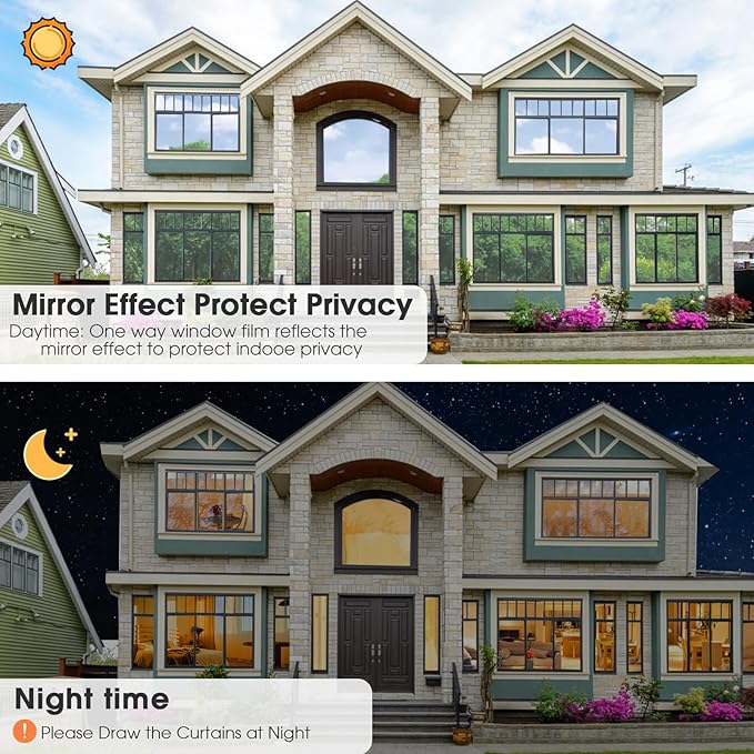 Window Film Privacy One Way Window Tint for Home Reflective See Out not in Light Heat Blocking for Doors and Windows(Silver 17.5X78.7)