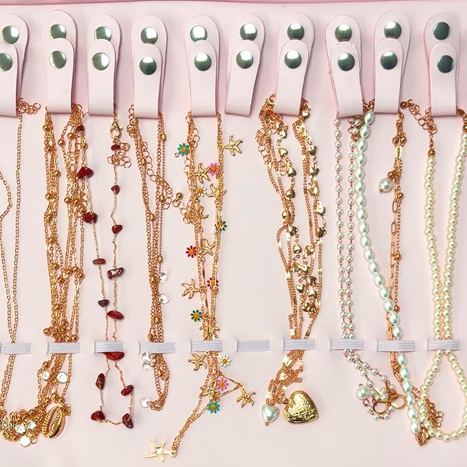 UnionPlus Travel Jewelry Roll, Faux Leather Necklaces Organizer Bag, Elastic Band and Anti-winding, Petal Pink