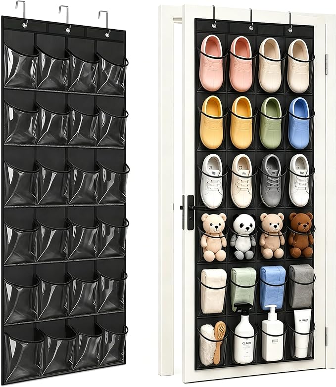 Over the Door Shoe Organizer - Space Saving Shoe Rack for Closet Door with 24 Crystal Clear Pockets and Metal Hooks, Shoe Holder Back of Door Organizers for Shoes, Hanging Shoe Organizer (Black)