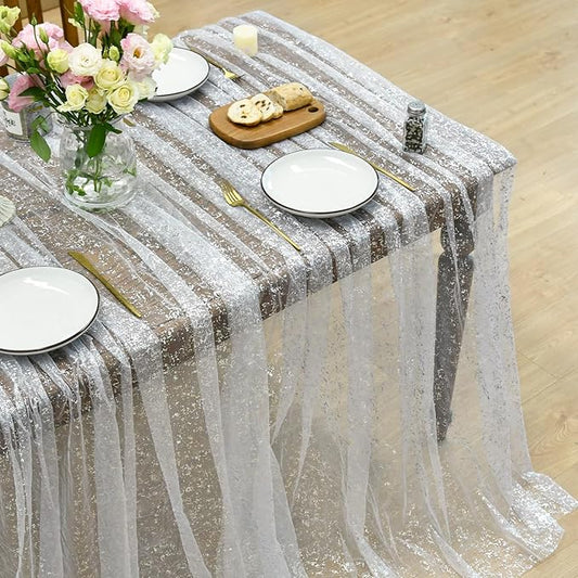 Horaldaily White Silver Gauze Tablecloth 60x60 Inch Square, Silver Sequin Glitter Metallic Foil, Sheer Tulle Cheesecloth for Wedding Baby Shower Ceremony Birthday