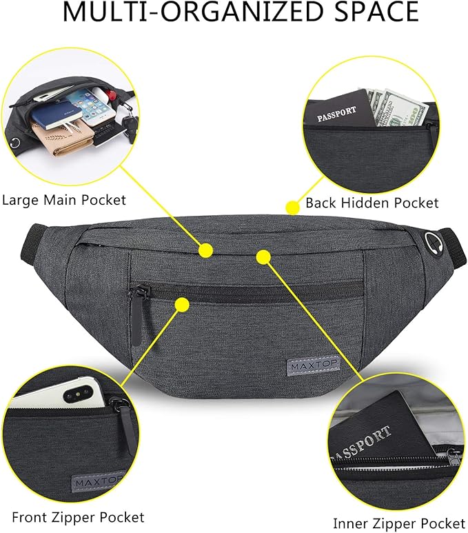 MAXTOP Large Crossbody Fanny Pack with 4-Zipper Pockets, Gifts for Enjoy Sports Festival Workout Traveling Running Casual Hands-Free Wallets Waist Pack Phone Bag Carrying All Phones