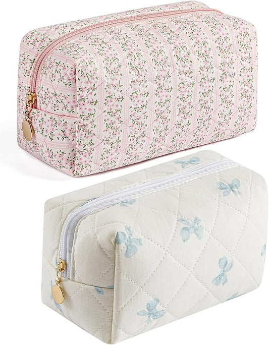 HHQQWZ Makeup Bag Travel Cosmetic Bag for Women Girls, Zipper Make Up Pouch, Floral Flowers Toiletry Organizer Makeup, Portable Storage Cosmetic Travel Cloth Bag (Pink+Blue Bow Tie)