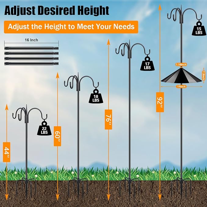 FEED GARDEN Heavy Duty Shepherds Hook Squirrel-Proof Bird Feeder Pole 92" Triple Hooks 5-Prong Base & 19" Baffle for Outdoor Feeders & Plants