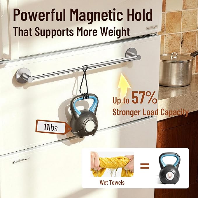 Magnetic Towel Bar, Adjustable Towel Rod with Larger Magnetic Base & Hidden Magnet Design, Non-Slip Magnetic Towel Holder for Refrigerator, Dishwasher, Oven, Washer (Silver, 1Pack)