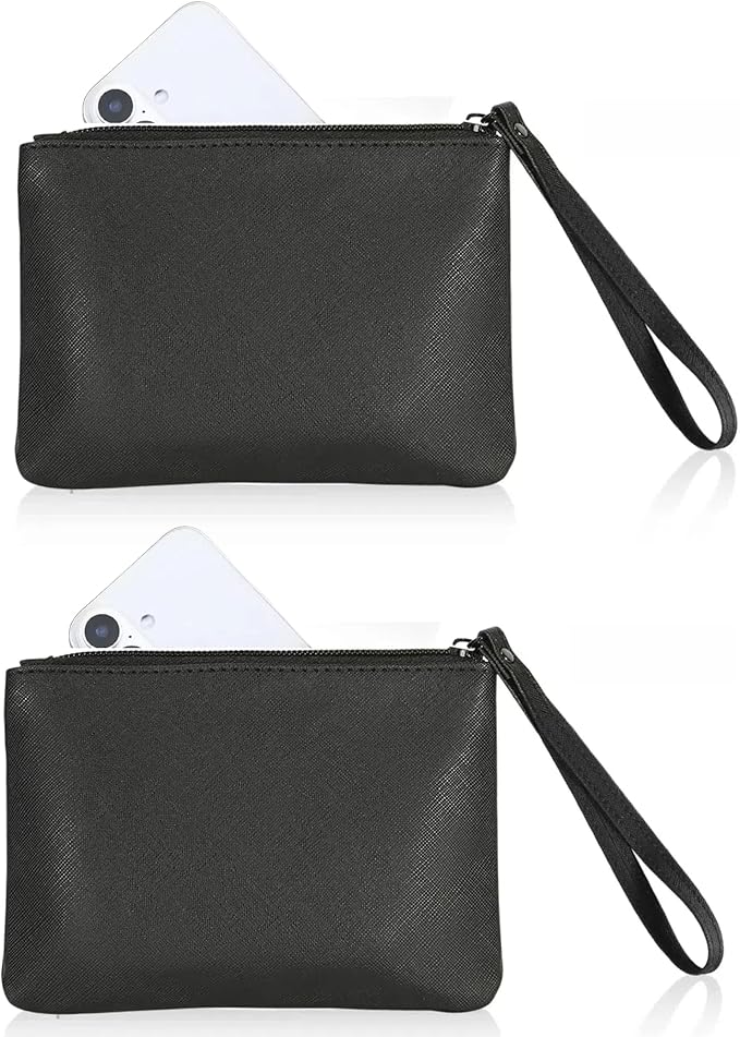 2 Pack Small Zipper Pouch Mini Makeup Bag for Purse Lipstick Cosmetic Travel Make Up Organizer for Women Essentials Feminine Products, Car Change Coin Holder 8x5 Phone Wristlet Wallet, Black