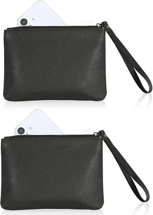 2 Pack Small Zipper Pouch Mini Makeup Bag for Purse Lipstick Cosmetic Travel Make Up Organizer for Women Essentials Feminine Products, Car Change Coin Holder 8x5 Phone Wristlet Wallet, Black