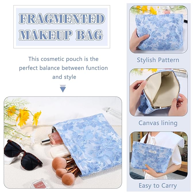 ZLFSRQ Flower Makeup Bag Travel Cute Floral Cosmetic Bags for Women Large Toiletry Pouch Zipper Cosmetic Pouch for Purse Aesthetic Embossed Blue Makeup Organizer Bag Portable Toiletry Bags