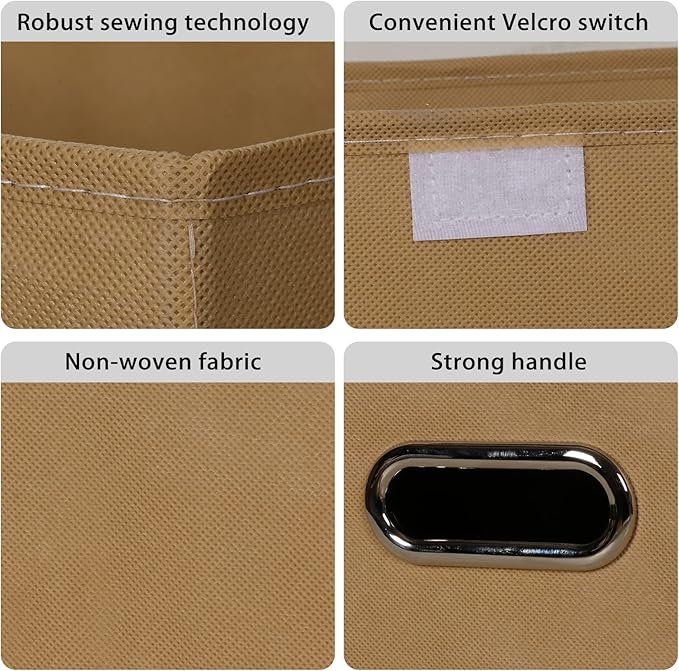 Linen Fabric Foldable Collapsible Storage Cube Bin Organizer Basket Fabric Storage Bins with Lid, Leather Handles, Removable Divider for Home, Closet, Khaki 3Pcs