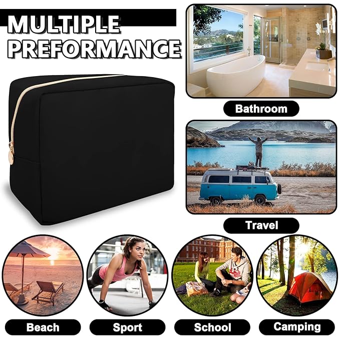 Waterproof Large Makeup Pouch,Nylon Women Travel Toiletry Storage Preppy Cosmetic Bag for Girls,Big Makeup Organizer Bag Cute Zipper Pouch for Sport Work Gift(Large-Black)