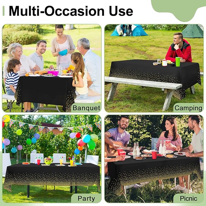 misaya 3 Packs Dot Disposable Table Cloth, 54 x 108 Inch Waterproof Plastic Tablecloth, Rectangle Gold Dots in Black Table Covers for Picnic, Birthday, Party