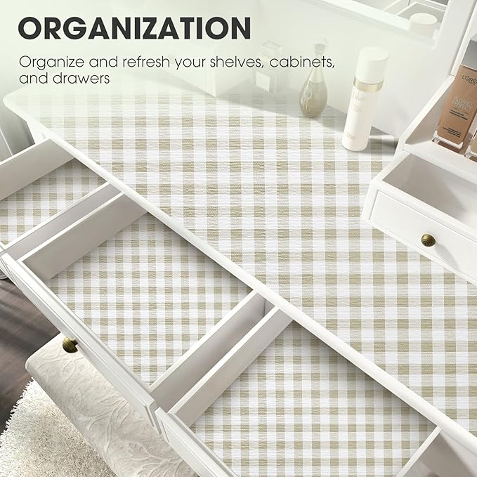 Drawer and Shelf Liner, Non-Slip Kitchen Cabinet Liners Non-Adhesive Thick Strong Grip Waterproof Washable Mats Protect Dresser Shelves Cupboard Bathroom Cabinets, Yellow Plaid, 18 in X 30 FT