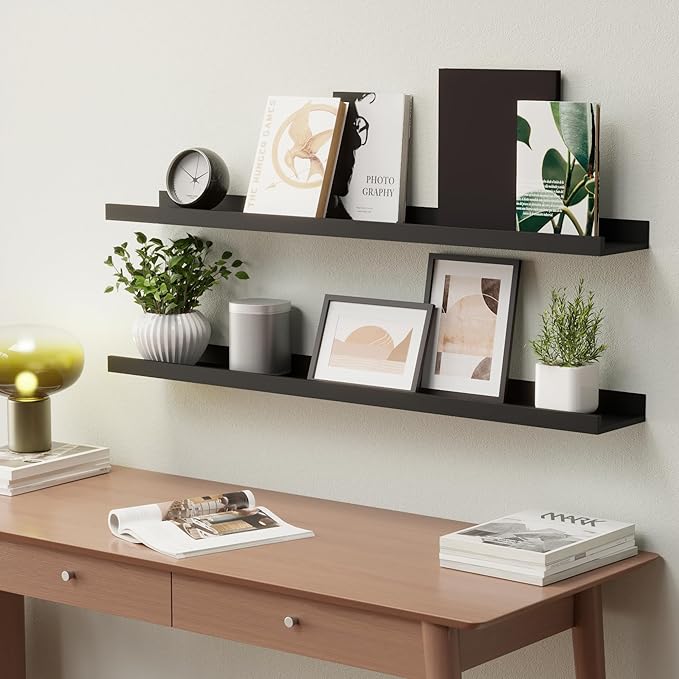 35.4 Inches Long Floating Shelves Wall Mounted, 2 Set Modern Black Wall Shelf for Bedroom, Nursery Book Shelf with Lip, Picture Ledge Shelf for Decor Living Room Bathroom Kitchen - Black