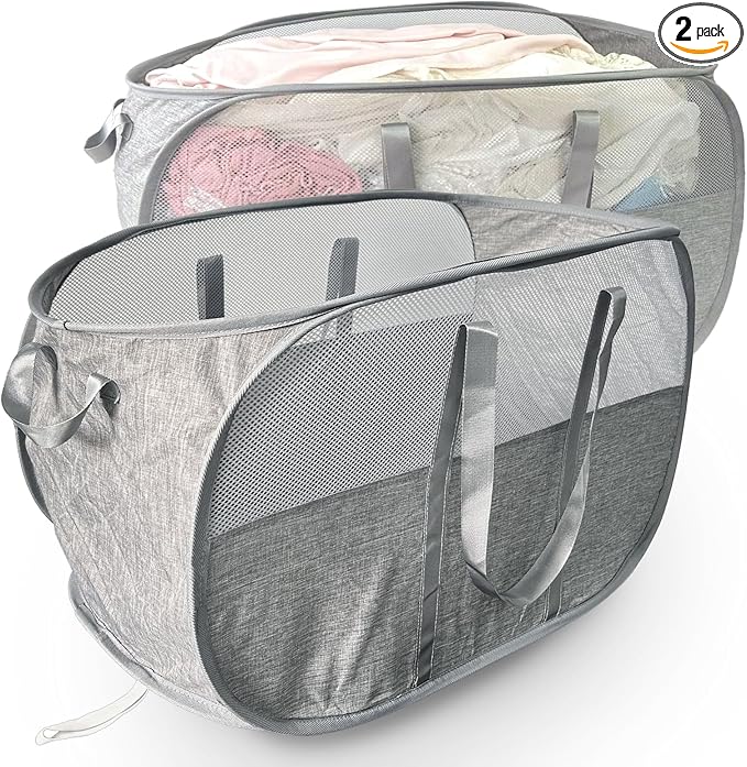 100L Collapsible Laundry Baskets 2 Pack, Extra Large Mesh Pop Up Laundry Hamper, Dirty Clothes Hamper with Reinforced Handles, Folding Hampers for Travel. Dorm or Home Portable Laundry Baskets. Grey