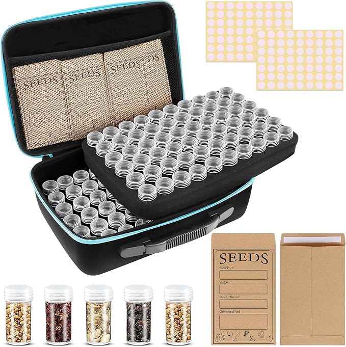 120 Slots Seed Storage Organizer with 20 Seed Envelopes, Sturdy Seed Organizer Storage Box with Zipper Bag Label Stickers(Seeds not Included), Seed Storage Container for Flower Plants Garden