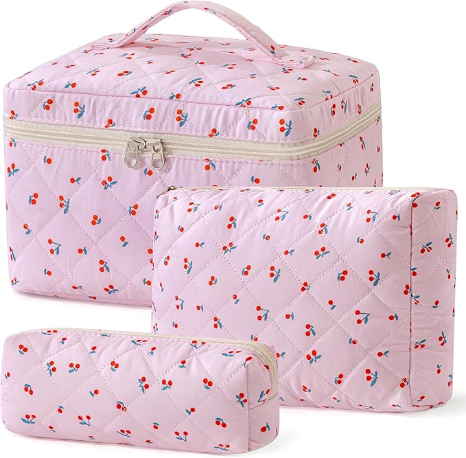 HBselect Quilted Makeup Bag, 3PCS Cotton Large Travel Makeup Bag, Cute Floral Coquette Make up Bag Cosmetic Bag Toiletry Bag for Women Girls