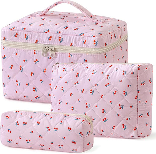 HBselect Quilted Makeup Bag, 3PCS Cotton Large Travel Makeup Bag, Cute Floral Coquette Make up Bag Cosmetic Bag Toiletry Bag for Women Girls