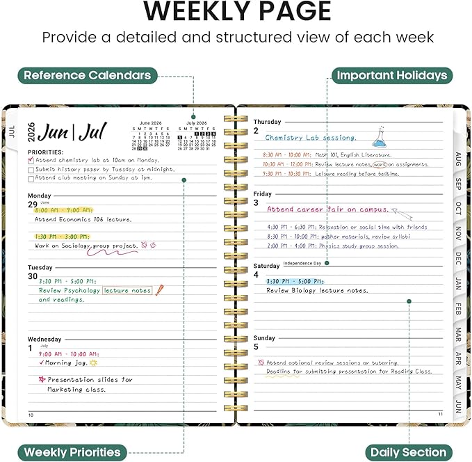 Planner 2026-2027, Academic Monthly and Weekly Calendar Planner for Women, July 2026 - June 2027, Hardcover Pretty Agenda Planner Book with Tabs, Spiral Daily Organizer for School Office Home Supplies, 8.5" x 11" - Forest Botanica