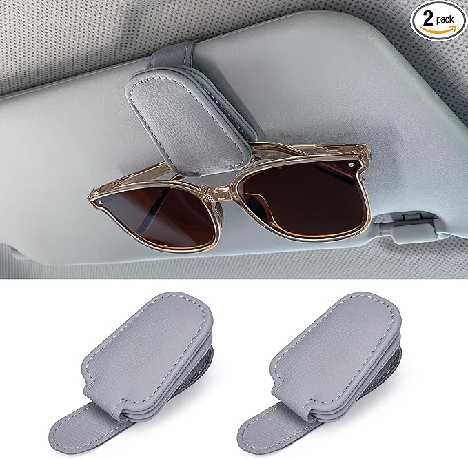 Sunglasses Holders for Car Sun Visor, 2-pack Magnetic Leather Glasses Eyeglass Hanger Clip for Car, Ticket Business Card Clip Eyeglasses Mount Car Visor Accessories (Grey)
