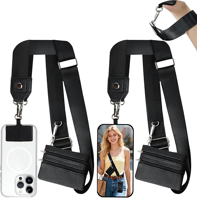 PUGPIU 2 Pack Clip and Go Strap for Phone with Wallet Crossbody - Phone Strap Crossbody with Zippered Pouch, Multifuctional Adjustable Cell Phone Lanyard for Going out