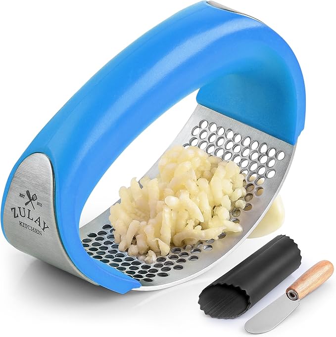 Zulay Kitchen Stainless Steel Garlic Press Rocker Set - Premium Garlic Mincer Garlic Crusher - New Innovative Garlic Crusher with Peeler and Scraper - Comfortable Grip (Blue)