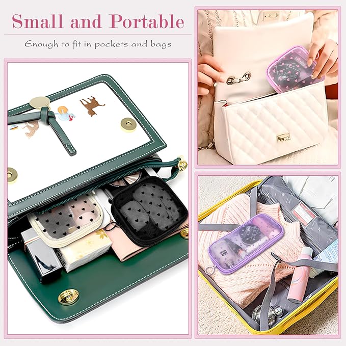 4 Pieces Mini Zipper Nylon Mesh Pouch, Mesh Cosmetic Bags Makeup Bags, Multipurpose Travel Toiletry Bags for Office Supplies and Travel Accessories (Heart Print-Purple, S)