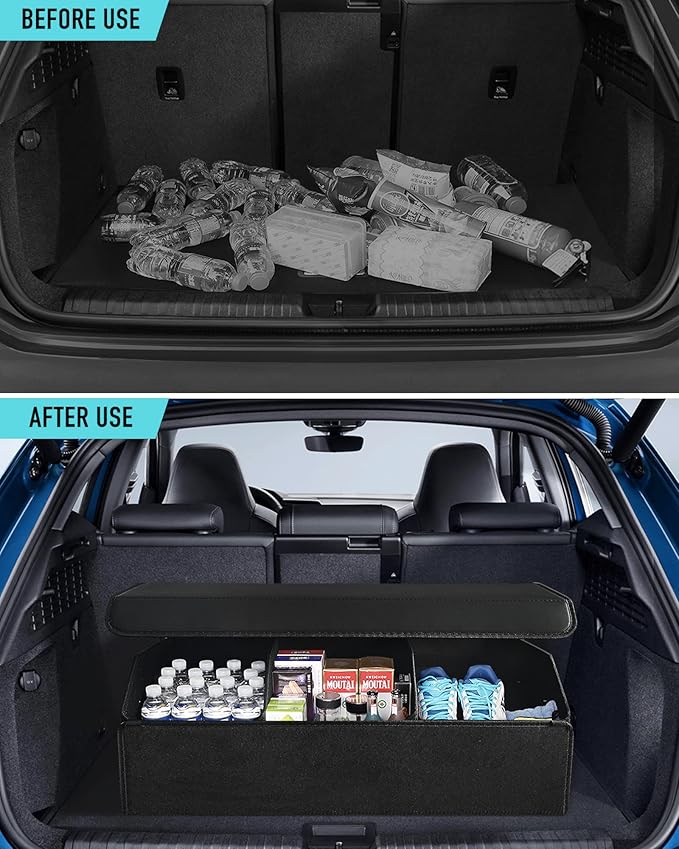 Fyzeoty Car Organizers for Trunk for SUV Sedan, Leather Storage Box, Extra Large, Magnetic Lid, Collapsible and Adjustable, S004, Black