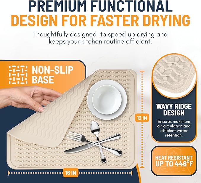 Silicone Dish Drying Mat for Kitchen Counter - Multi-Use 16 x 12 Inch Pad, Non-Slip & Heat-Resistant, Perfect Dish Drainer Mat by Linda’s Essentials, Ideal Kitchen Accessory (Beige)