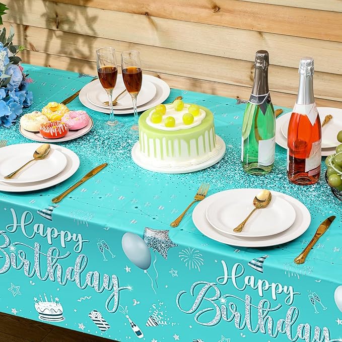 Tudomro 3 Pcs Happy Birthday Tablecloths Happy Birthday Party Decorations Plastic Table Cover Rectangular Cloths for Women Men Baby Shower Party Supplies, 108 x 54 Inch (Teal)