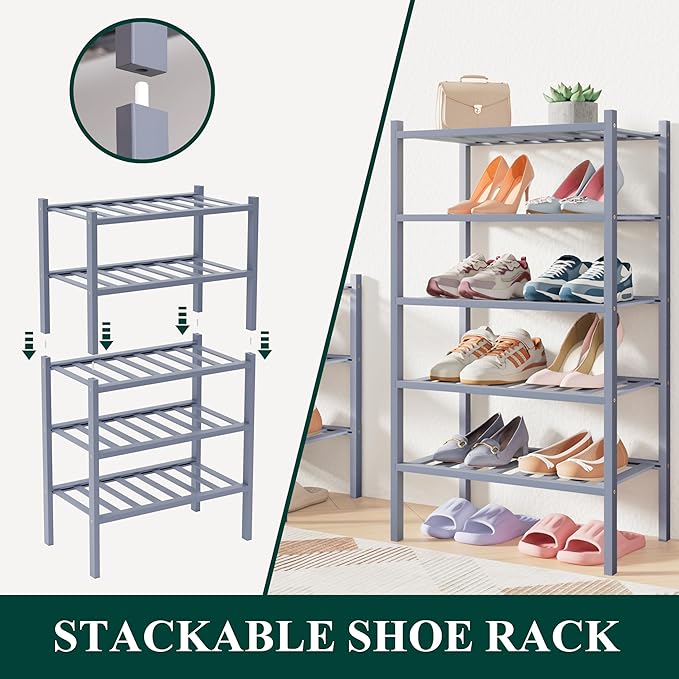 Smiry Bamboo Shoe Rack for Closet, 6-Tier Small Wooden Stackable Shoe Organizer, Freestanding Shoe Storage Shelf for Entryway, Front Door Entrance, Grey