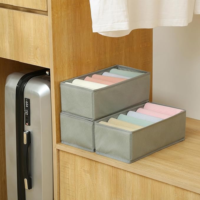 Qozary 3 Pack Sock Underwear Drawer Organizer Dividers, Non-Woven Fabric Collapsible Cabinet Closet Storage Boxes for Clothes, Socks, Lingerie, Underwear, Tie, Belt, Baby, Bedroom