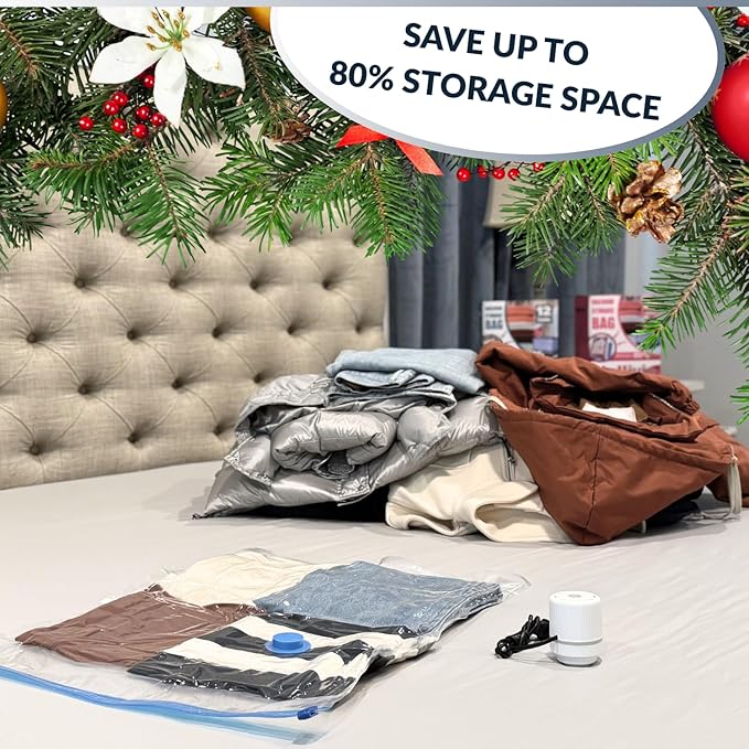 12 Pack Vacuum Storage Bags with Electric Pump, Compression Space Saver for Comforters, Bedding, Blanket Storage, Vacuum Seal Bags for Clothing, Luggage and Closet Organizer,