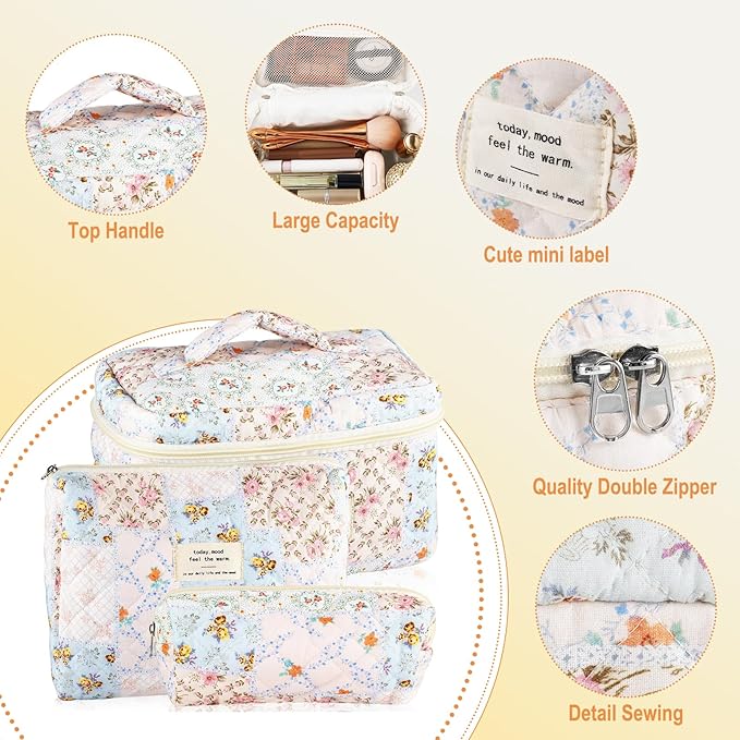 3Pcs Cotton Quilted Makeup Bag for Women Girls Large Small Travel Floral Cosmetic Bags Set Cute Coquette Makeup Pouch for Purse Aesthetic Cloth Bee&Flower Storage Toiletry Bag Organizer