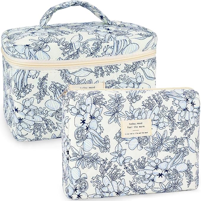 2Pcs Cotton Quilted Makeup Bag for Women Girls Floral Travel Large Small Cosmetic Bag Set Cute Vintage Flower Makeup Pouch Portable Toiletry Bag Organizer Coquette Aesthetic Makeup Brush Bag