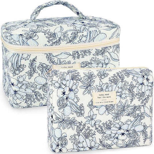 2Pcs Cotton Quilted Makeup Bag for Women Girls Floral Travel Large Small Cosmetic Bag Set Cute Vintage Flower Makeup Pouch Portable Toiletry Bag Organizer Coquette Aesthetic Makeup Brush Bag
