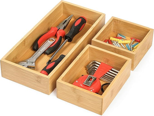 Bamboo Drawer Organizers Set, 3PCS Multi-Use Wood Storage Organizers, Desk Drawer Tray for Kitchen, Bathroom, Office, Dresser, Bamboo Box Bin for Jewelry, Makeup, Junk, Gadgets