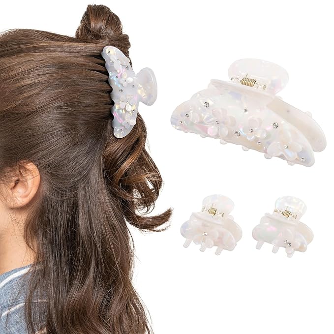 3PCS Acrylic Flower Hair Claw Clips - 2 Styles Durable Medium Small Claw Clips for Women, Strong Hold Cute Non Slip Stylish Accessories Decroation Buns for Thick Thin Hair (White)