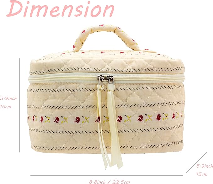 PAZIMIIK Quilted Makeup Bag Large Travel Zipper Soft Cosmetic Case for Women Girls Make Up, Little Flower Beige