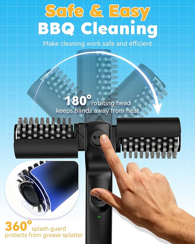 Electric Grill Brush Cordless – Rechargeable BBQ Grill Brush for Outdoor Grill, 3 Powerful Speed, Bristle-Free Safe, 180° Adjustable, Stainless Steel Rotary Brush Head, Grill Cleaning Tool