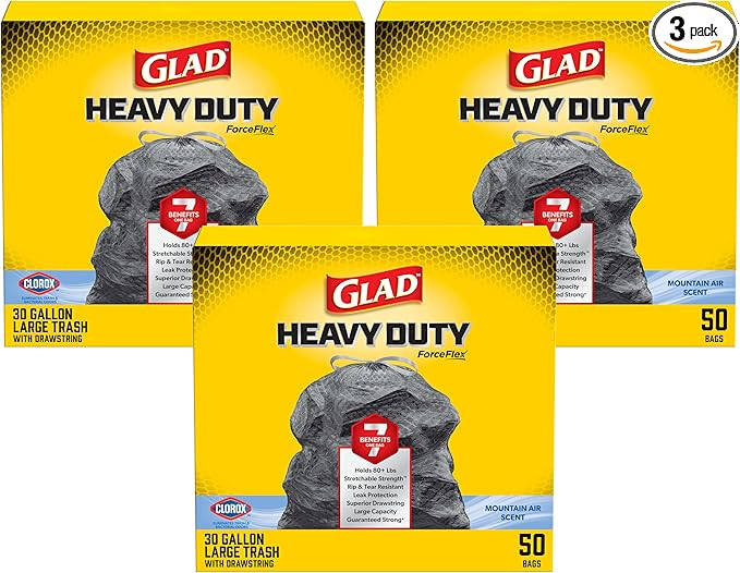 Glad ForceFlex Heavy Duty Trash Bags With Clorox, Mountain Air, 30 Gal (Package May Vary) 50 Count (Pack of 3)
